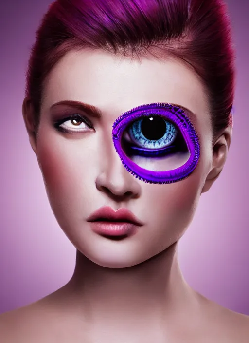 Image similar to photorealistic 3 0 0 0 one eye cyclope beautiful female with purple hair portrait photography feroflex photorealistic studio lighting ektachrome detailed intricate face details, ultradetails, beautiful face, realistic shaded perfect face, extremely fine details