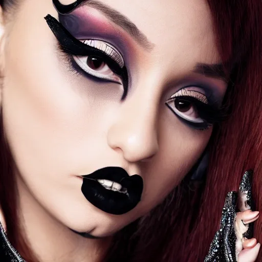 Prompt: fashionable photo of ariana grande in goth make - up, ultra realistic, modeling studio, yoga pose, highly detailed, photorealistic, 8 k, by jingna zhang