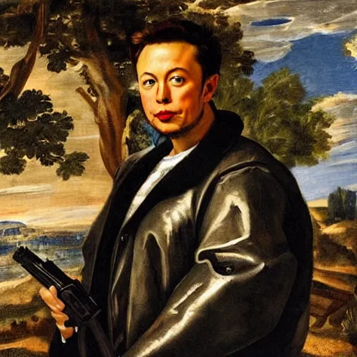 Prompt: painting of Elon musk holding a gun, Paolo Veronese style