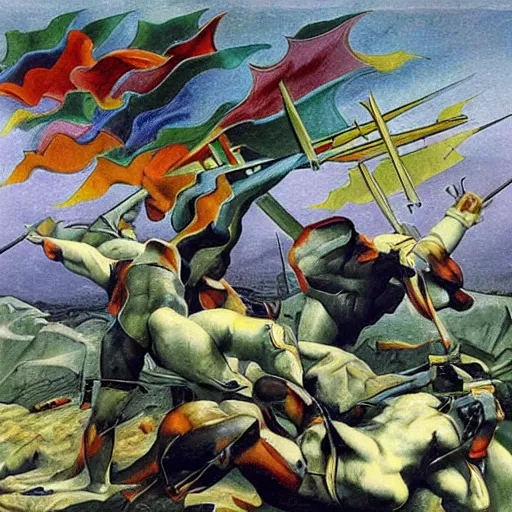 Prompt: vivid battlefield in colour by Szukalski