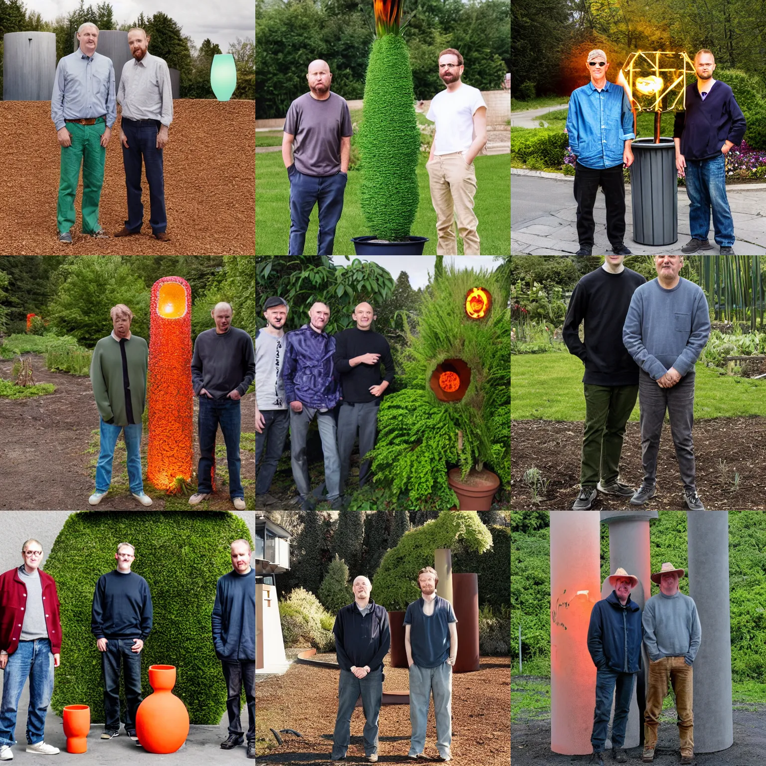 Prompt: photo of bill and ben the flowerpot men standing with a demonic glowing portal in the center in the style of Juergen Teller