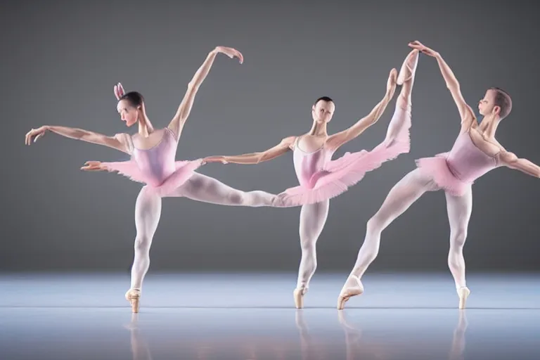 Image similar to still photo of ballet dancers dancing, wearing silk cloth in whole body, highly detailed, photorealistic portrait, bright studio setting, studio lighting, crisp quality and light reflections, unreal engine 5 quality render