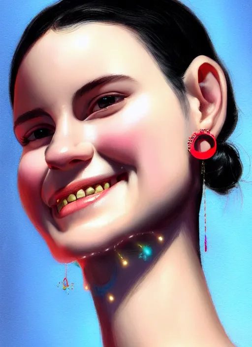 Prompt: portrait of high school girl, realistic, black hair, bangs, half updo hairstyle, pointy nose, skinny, smile, ugly, defined jawline, big chin, hair bow, earrings, intricate, elegant, glowing lights, highly detailed, digital painting, artstation, sharp focus, illustration, art by wlop, mars ravelo and greg rutkowski