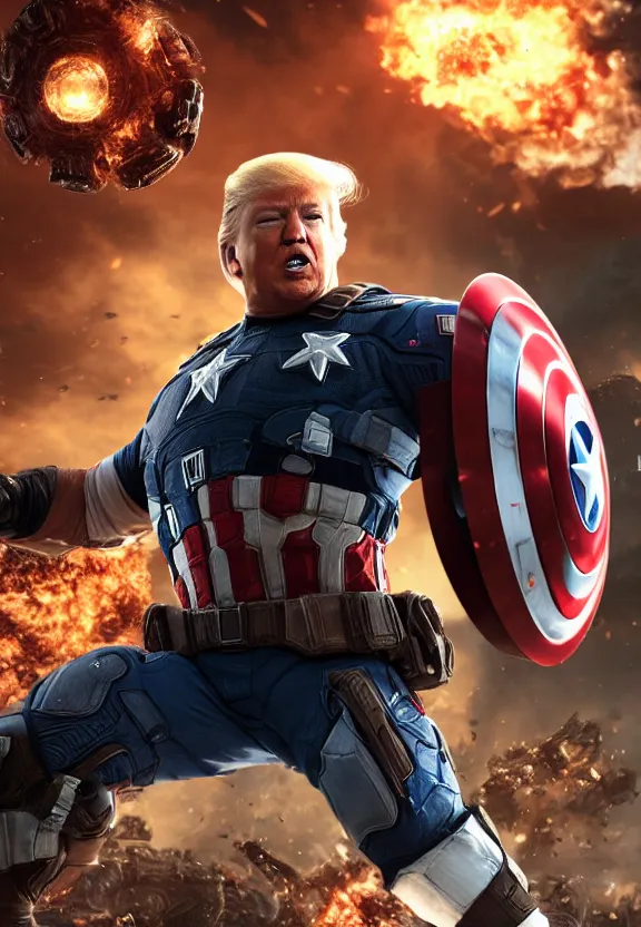 Image similar to Portrait of Donald Trump as captain america in Gears of War, splash art, movie still, cinematic lighting, dramatic, octane render, long lens, shallow depth of field, bokeh, anamorphic lens flare, 8k, hyper detailed, 35mm film grain