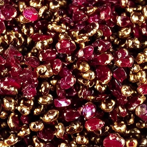 Prompt: 4 4 tiny rubies embedded in an engraved 1 8 k gold plate macro photo deviant realistic