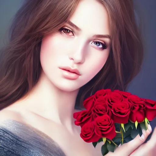 Image similar to a gorgeous female photo, professionally retouched, soft lighting, holding a bouquet of roses, realistic, smooth face, perfect eyes, wide angle, sharp focus on eyes, 8 k high definition, insanely detailed, intricate, elegant, art by artgerm