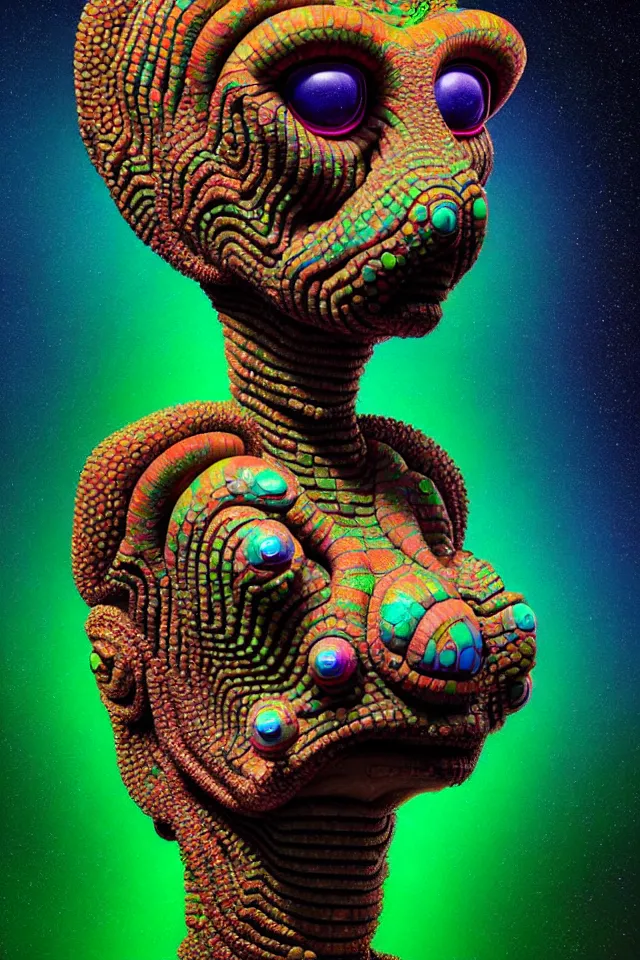Prompt: portrait of an alien made out of cobblestone as a psychedelic neural tiki reptile god by naoto hattori, dan mumford, android jones, and chris dyer, deep bold colors, galactic dmt entity, depth of field, intricate beautiful painting, billions of details, octane render, portal, 8 k, detailed vector, trending on artstation, cgisociety