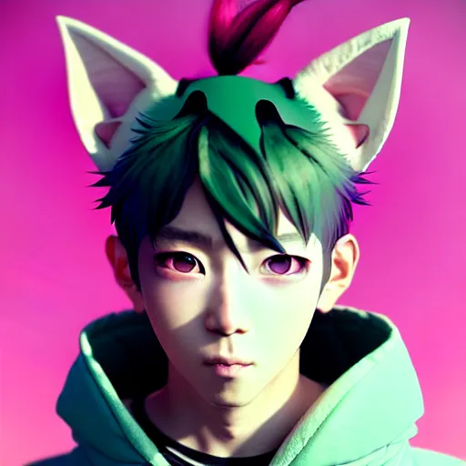 Prompt: a beautiful portrait of a handsome anime male boy with pink hair and pink wolf ears and green eyes wearing cyberpunk clothes. character design by cory loftis, fenghua zhong, ryohei hase, ismail inceoglu and ruan jia. artstation, volumetric light, detailed, photorealistic, fantasy, rendered in octane