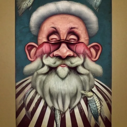 Image similar to old man with a beard full of fish, lowbrow surrealistic, in the style of mark ryden,