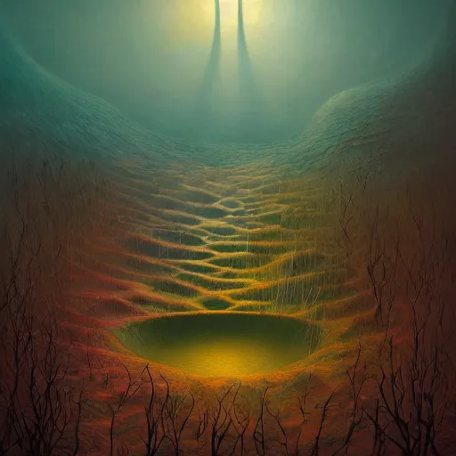 Image similar to dreams of splendor by zdzislaw beksinski and gediminas pranckevicius and tiffany bozic, cold hues, warm tone gradient background, concept art, beautiful composition, digital painting