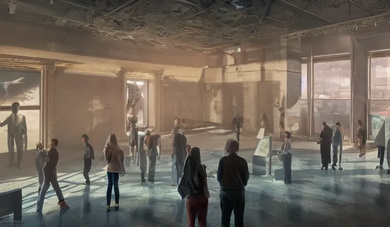 Image similar to group of people in bare walled museum, looking at hologram of futuristic city on a table, cinematic concept art, godrays, golden hour, natural sunlight, 4 k, clear details, tabletop model buildings, center model buildings, hologram center, crane shot, crane shot, crane shot