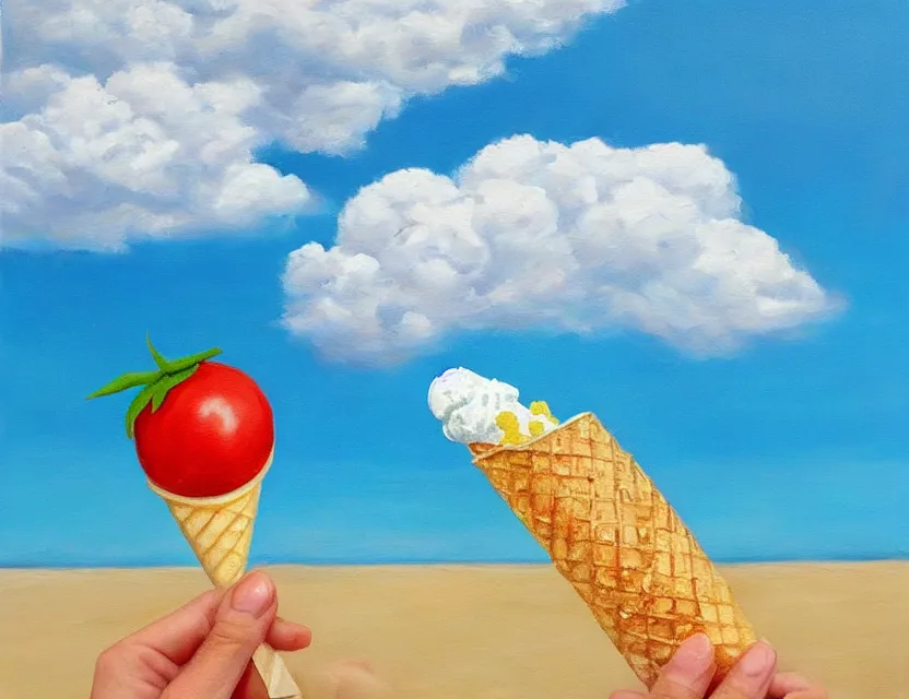 Prompt: a realistic painting of a tomato on a very sunny beach eating ice cream in a cone but the icecream is made of white clouds on a blue sky