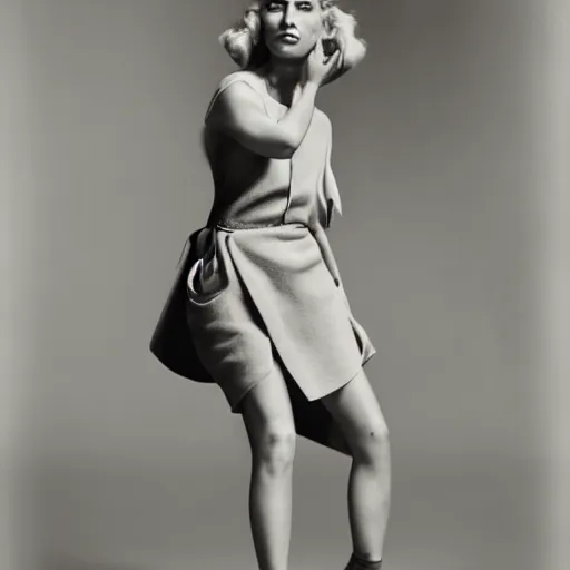 Image similar to photograph by richard avedon of olive skinned blonde female in her thirties wearing designer clothes