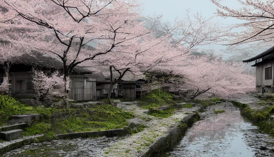 Image similar to abandoned japanese village, cherry blossoms, rainy day, hyperdetailed, artstation, cgsociety, 8 k