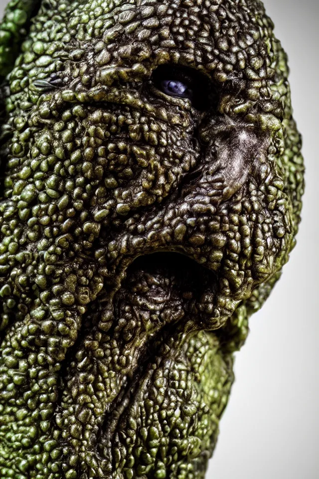 Image similar to renaissance portrait close up of highly detailed respected dragonskinned avocado, fake mustache, dramatic cinematic lighting, 8 k