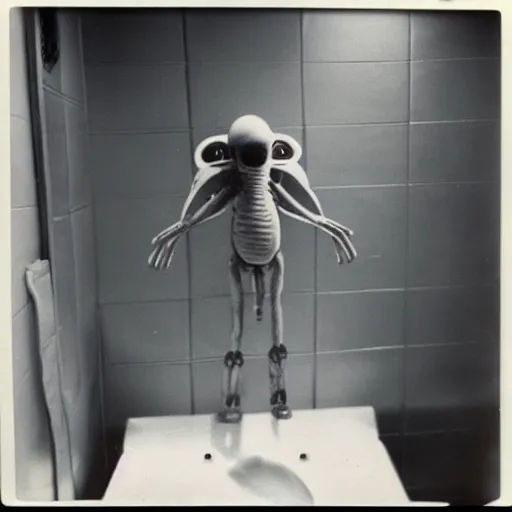 Prompt: polaroid of alien caught doing drugs in bathroom, roswell 1 9 6 2