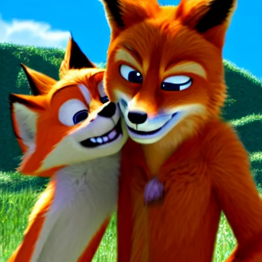 Prompt: an hd photo of nick wilde hugging fox mccloud, furry