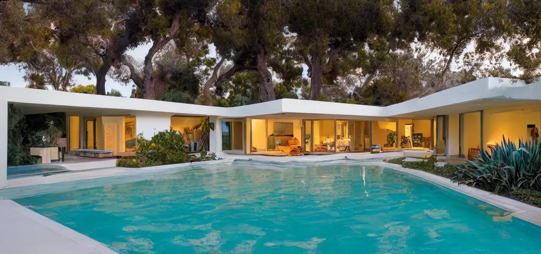 Image similar to midcentury house made of pentelic marble, designed by ictinus and callicrates. neptune pool in backyard. built in 1 9 5 9 in santa monica. owned by hollywood executive