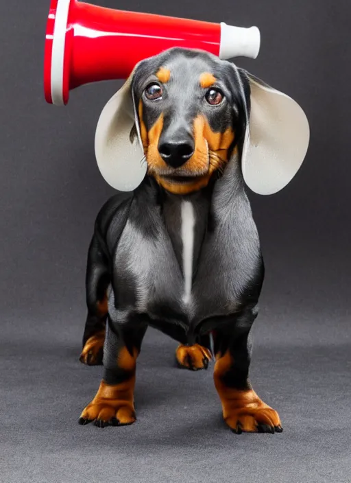 Prompt: clear photo of a black and dapple Dachshund with a megaphone for a head