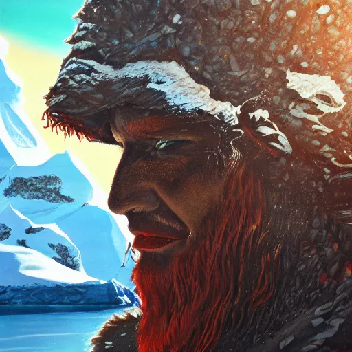 Image similar to perilous trailblazer Antarctica glacial cult mountain king, realistic fantasy, oil painting, extremely high detail, photorealistic, cinematic lighting, oil painting, intricate line drawings, 4k resolution