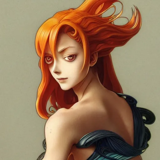 Image similar to intricately detailed vfx portrait of swedish nami from one piece by eiichiro oda, makoto shinkai, alphonse mucha, art by artgerm and greg rutkowski, best of behance, concept art, matte, sharp focus, orange hair, elegant, adolphe bouguereau, annie leibovitz, stanley kubrick, hdr,