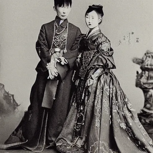 Image similar to A Russian and Japanese mix 1900s historical fantasy photograph of an empress bridal ensemble featured inside of a museum.