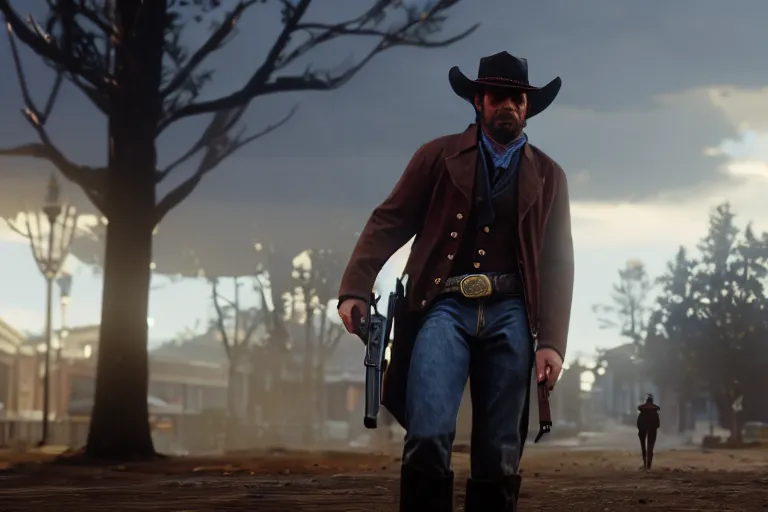 Image similar to third person view of a cowboy, carrying a gun, on a victorian shopping mall, cinematic lightning, ray tracing, unreal engine 5, photorealistic, 8 k, uhd, 4 k, red dead redemption 2 game concept, extremely detailed, beautiful, elegant, intricate, foggy, in - game footage