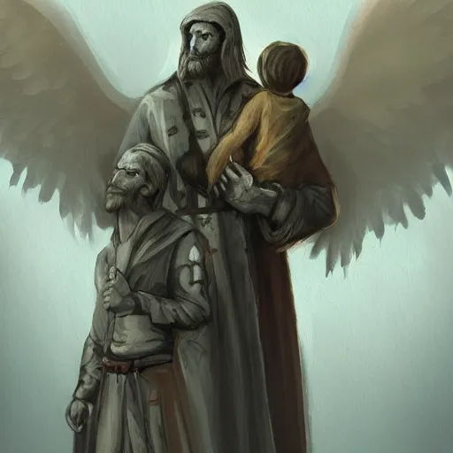 Image similar to angels protecting a praying man, by Alex Flores, Trending on artstation, deviantart