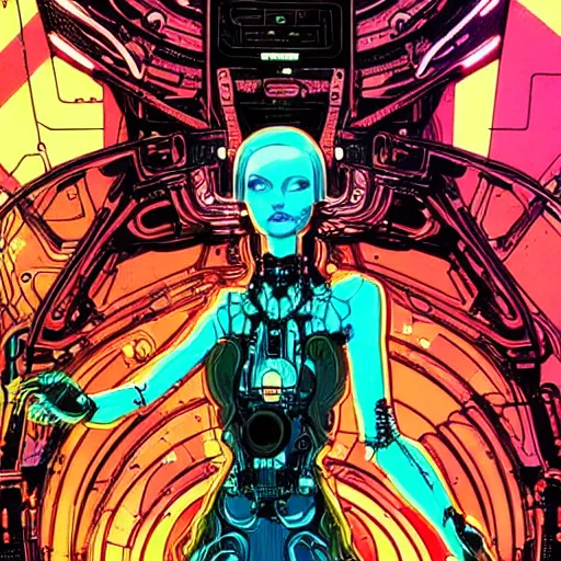 Image similar to a portrait of a beautiful cybernetic woman connected to a synthesizer from hell, wires, cyberpunk concept art by josan gonzales and philippe druillet