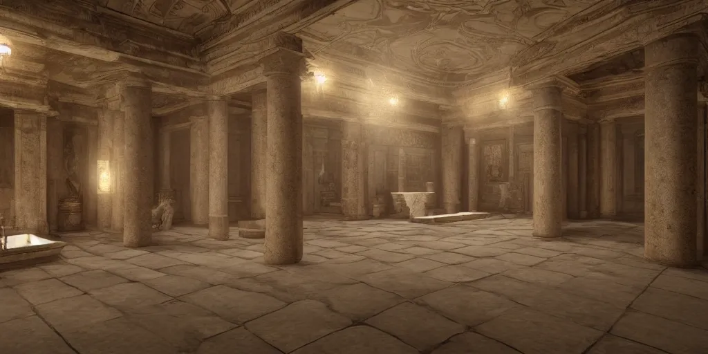 Prompt: a detailed CGI rendered picture of an elegant bath house in ancient Rome, shot in wide angle, with soft lighting. Digital art render, artstation, ultra detailed
