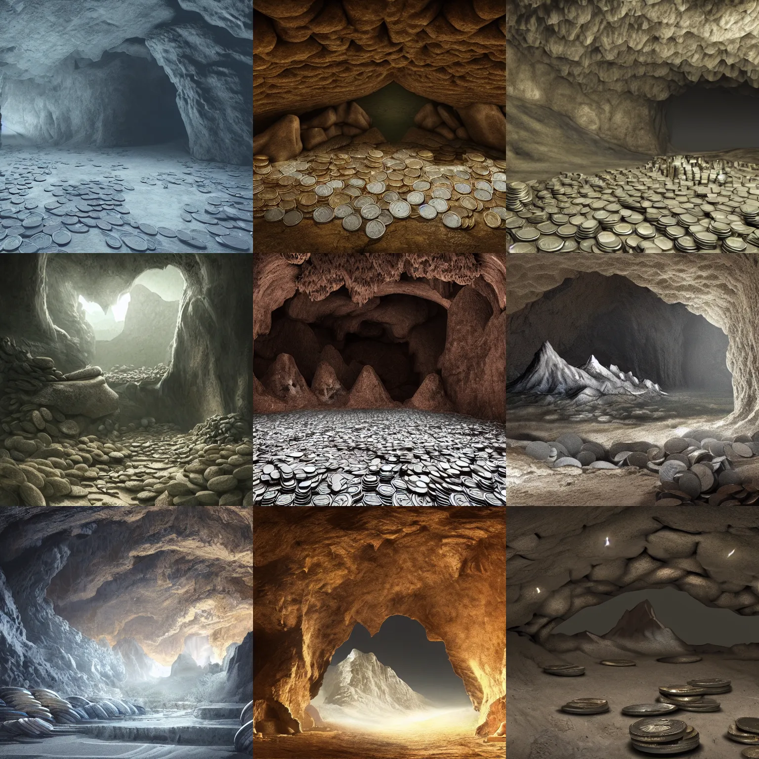 Prompt: digital matte painting mountains of coins inside a cave