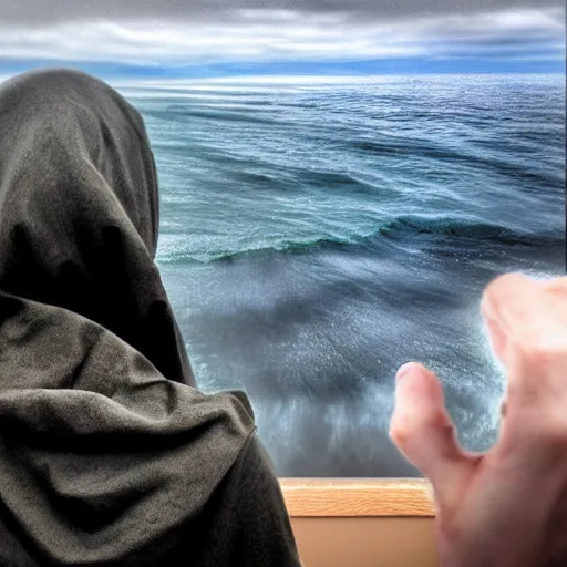 Prompt: a grim person looking over the to the sea in shame, hyper realistic, detailed shading, realistic water, 4k, HDR, super detailed