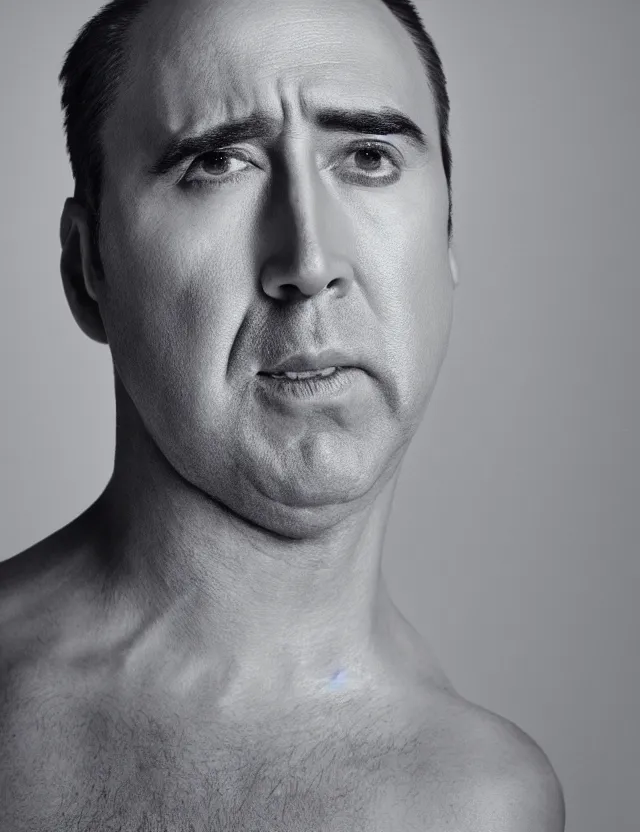 Image similar to portrait of bald nicolas cage neutral expression face straight on headshot even lighting no hair