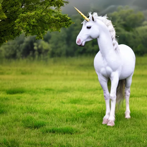 Prompt: A unicorn at a pasture, XF IQ4, f/1.4, ISO 200, 1/160s, 8K, RAW, unedited, symmetrical balance, in-frame
