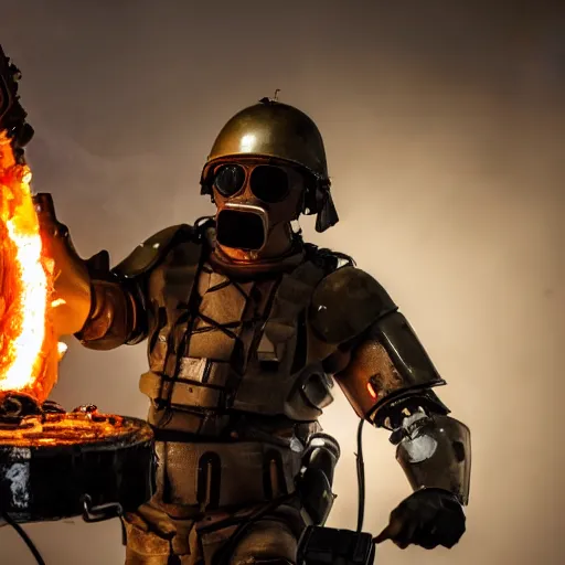 Image similar to angry man in juggernaut armor setting a desktop tower pc on fire using a military flamethrower