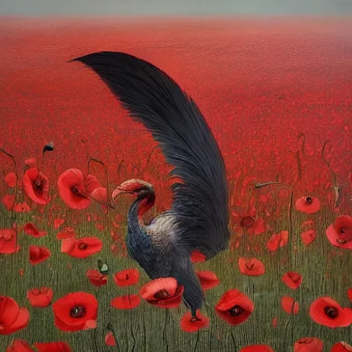 Prompt: a 3d matte painting of an mutant feathered critter in a field of poppies by gerald brom, ellen jewett, aly fell, dark academia, maroon highlights, gothic, neo-gothic