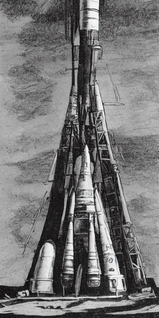 Prompt: primitive rocket launch in the style of hugh ferriss