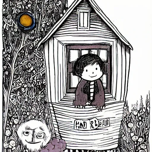 Image similar to Harold and the Purple Crayon in black and white with a purple door and a purple crayon by Maurice Sendak, illustrated as a children's book