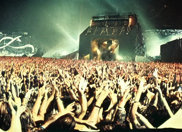 Image similar to Pink floyd performing under the water on stage, epic rave, huge crowd, explosions, artistic, 8k