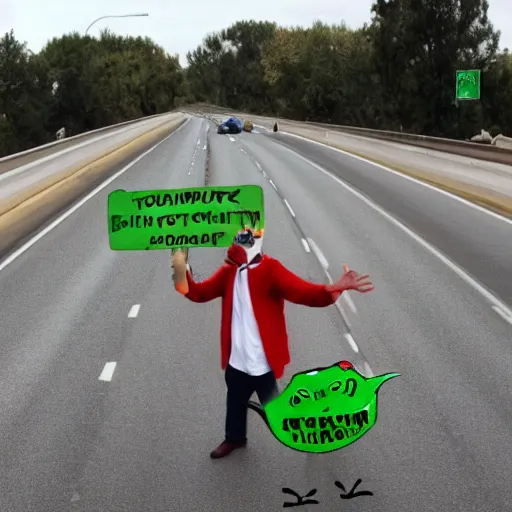 Prompt: anthropomorphic frog protesting on a freeway