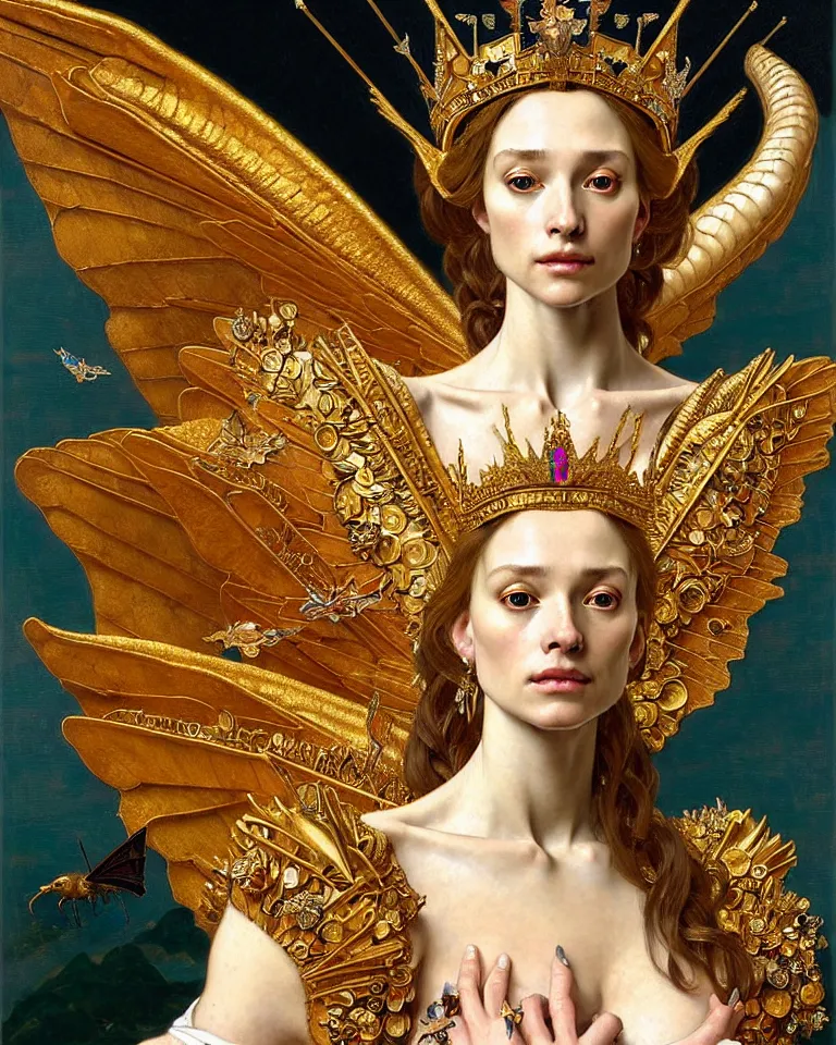 Image similar to portrait of a beautiful queen in winged golden armor decorated by opal stone, with a little dragon on her shoulder, full-length, oil painting in a renaissance style , very detailed, out of focus background, painted by Caravaggio, Greg rutkowski, Sachin Teng, Thomas Kindkade, Alphonse Mucha, Norman Rockwell, Tom Bagshaw