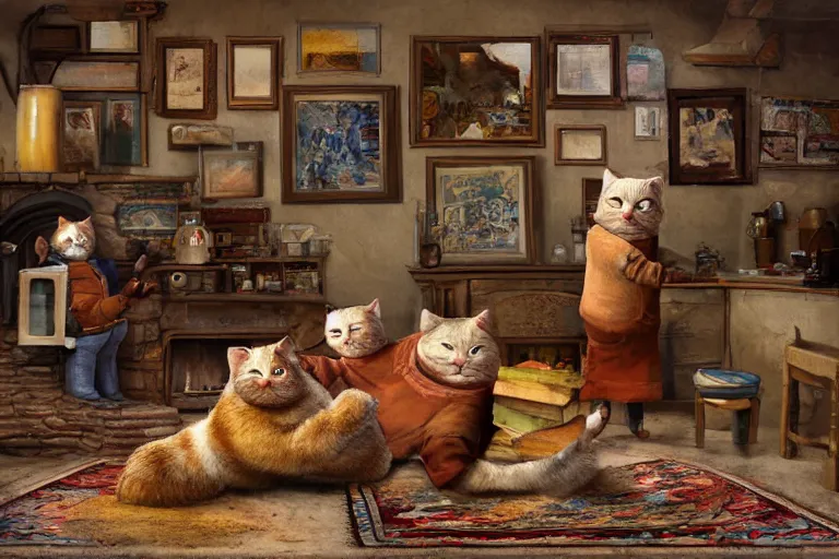 Prompt: short fat anthropomorphic cats wearing trousers and shirts. they live underground in a cave, kitchen table, stove, fridge, sink, armchairs, cosy fireplace, stack of books on side table, colourful rug on floor by fireplace, pictures of family on wall, soft, cosy, craig mullins, james gurney, detailed watercolour, texture, highly detailed, movie scene, illustrative, hd, 4k