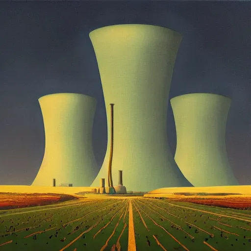 Image similar to A nuclear power plant in utopia by Simon Stålenhag and Grant Wood, oil on canvas