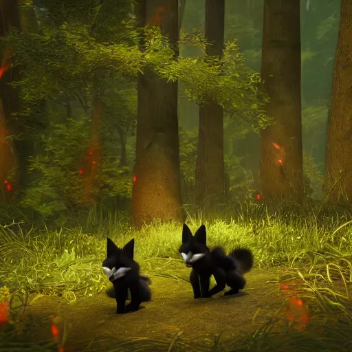 Image similar to second life in game screenshot of black foxes cuddling next to each other in a beautiful fantasy forest lit with fireflies, 3 d render, octane engine, unreal engine 4, 4 k screenshot