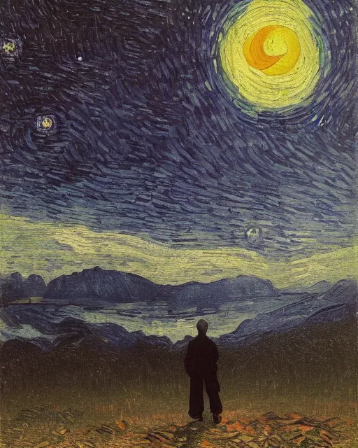 Prompt: a person looking at the night sky with stars, colorful, beautiful, national geographic, very detailed, astrophotography, oil painting, canvas, Vincent van Gogh, Caspar David Friedrich, Theodor Kittelsen, Albert Bierstadt