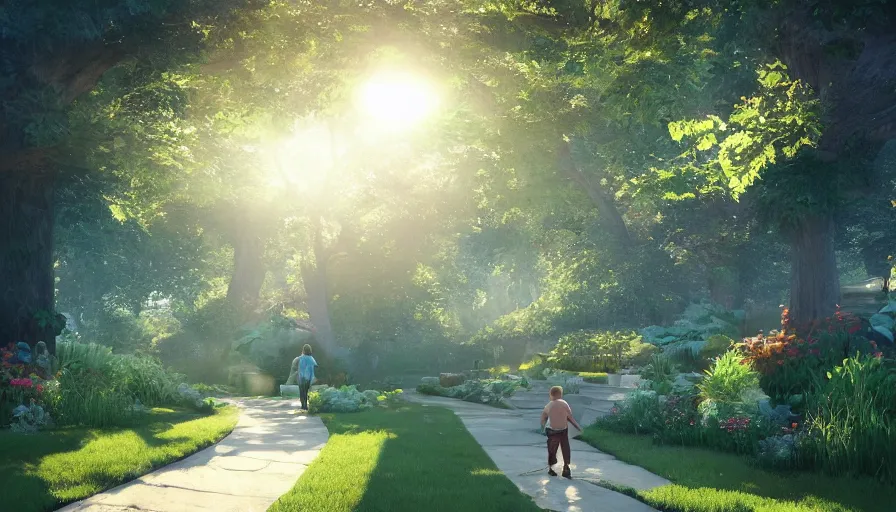 Image similar to father and son walking in brookside gardens, sunny day, volumetric light, hyperdetailed, artstation, cgsociety, 8 k