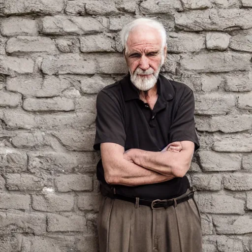 Prompt: Old man leaning against a wall