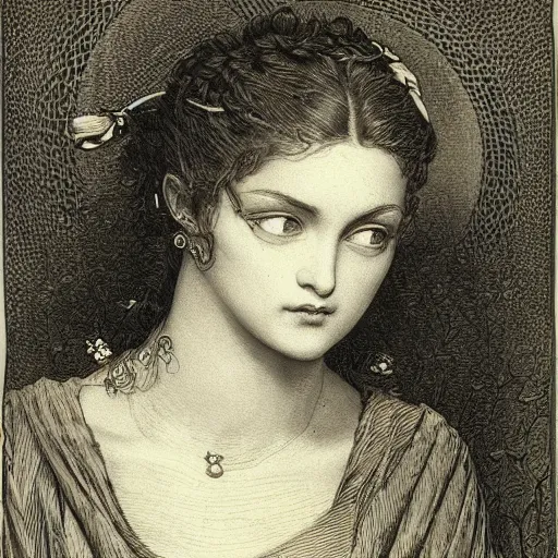 Image similar to portrait of a beautiful woman, high detail, illustration by Gustav Doré