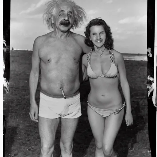 Image similar to albert einstein in a bikini