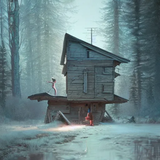 Image similar to woman leaving her wooden broken house by simon stålenhag, very highly detailed, award winning, rendered by Beeple, by Makoto Shinkai, syd meade, starwars, space art concept, digital art, unreal engine, blender, WLOP, trending on artstation, 4K UHD image, octane render